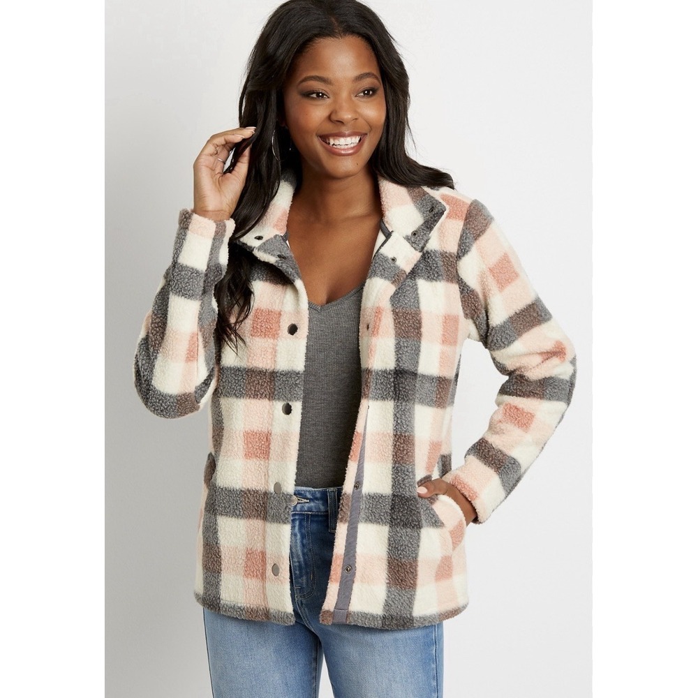 NWT Maurice's Heavy Weight Sherpa Fleece Shacket Women's Size XL Plaid Button Up
